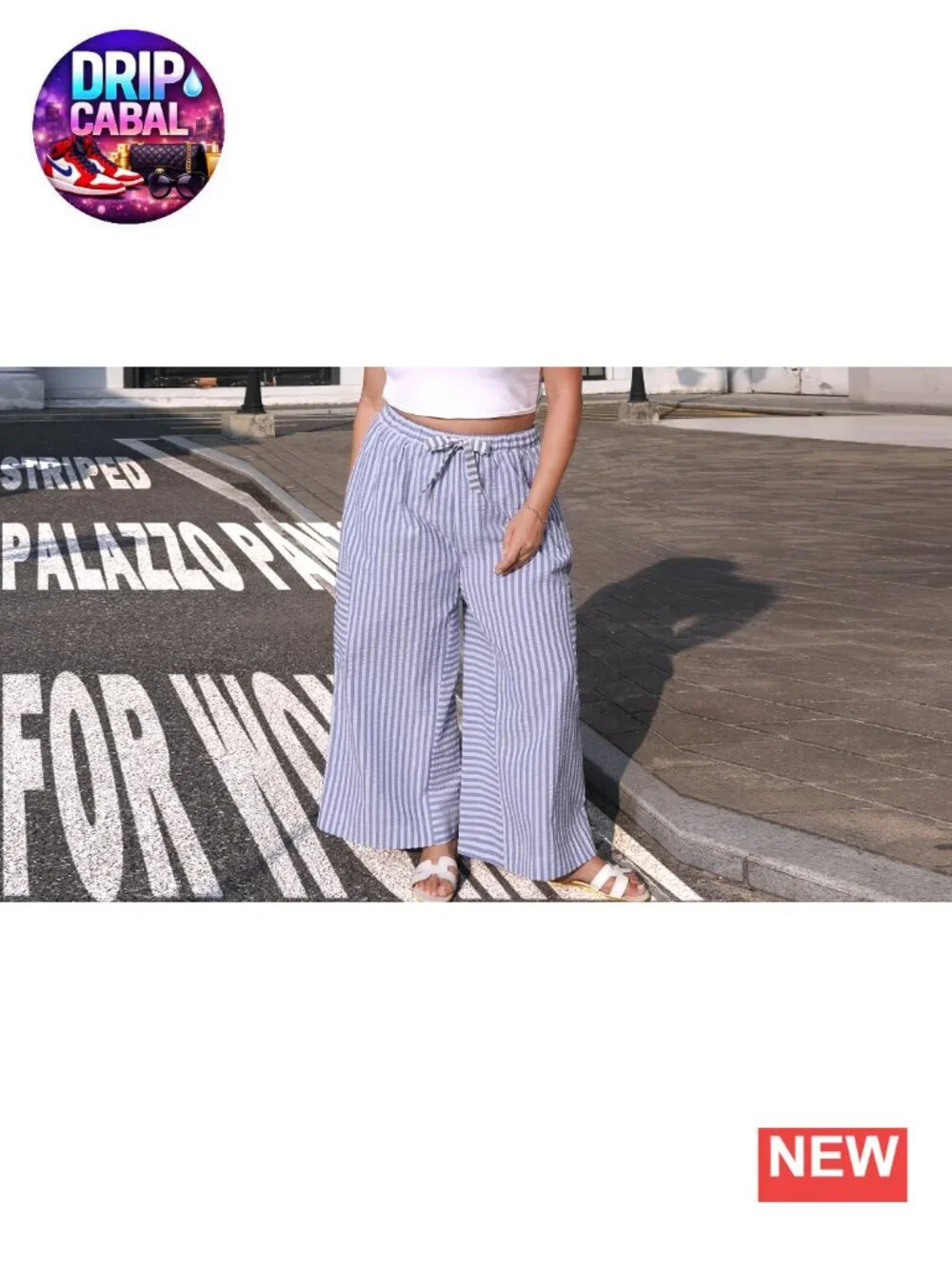 Cotton Blend Palazzo Pants for Women, Drawstring Elastic Waist, Striped Wide
